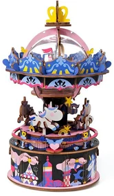 Robotime Drevené 3D mechanické puzzle Hracia skrinka Veselý kolotoč 174 ks