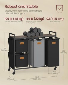 Kôš na bielizeň so 4 priehradkami, 150 l triedič prádla, čierno-sivý