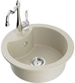 Mexen Diego, granitový drez 488x488x167 mm, 1-komorový a drezová batéria Carla, béžová, 6512-69-670700-00
