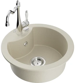 Mexen Diego, granitový drez 488x488x167 mm, 1-komorový a drezová batéria Carla, béžová, 6512-69-670700-00