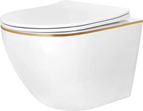 Rea Carlo Mini Tornado, závesná WC misa 490x355x350mm + toaletné sedadlo, biela-zlatý okraj, REA-C6801