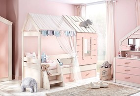 Domčeková posteľ 90x200 s úľožným priestorom Boom - breza/ružová