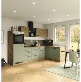 Rohová kuchynská linka so spotrebičmi Cara 280 cm farba čela zelená dub matná farba korpusu dub