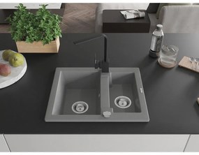Mexen Carlos, 1,5-komorový granitový drez s odkvapkávačom 582x475x177 mm a čierna kuchynská batéria Rita, šedá, 6518-71-670300-70