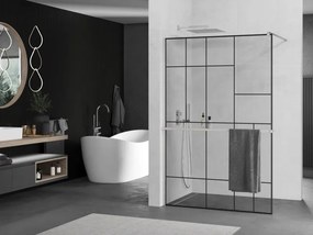 Mexen Kioto+, sprchová zástena Walk-In s poličkou a vešiakom 80 x 200 cm, 8mm číre sklo čierny vzor, brúsená oceľ profil, 800-080-121-97-78