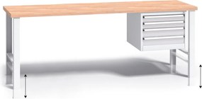 Výškovo nastaviteľný pracovný stôl do dielne G3 so závesným boxom na náradie, buková škárovka, 4 zásuvky, 2000 x 685 x 840 - 1050 mm, sivá