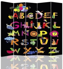 Ozdobný paraván Písmena abecedy - 180x170 cm, päťdielny, klasický paraván