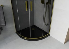 Mexen Rio, štvrťkruhový sprchovací kút s posuvnými dverami 90(dvere) x 90(dvere) x 190 cm, 6mm šedé sklo, zlatý profil + čierna sprchová vanička SLIM, 863-090-090-50-40-4170G