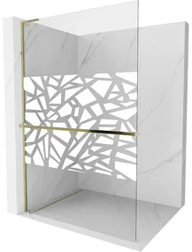 Mexen Kioto+ L, sprchová zástena Walk-In s poličkou a vešiakom 70 x 200 cm, 8mm číre sklo biely vzor, zlatý lesklý profil,800-070-123-50-85
