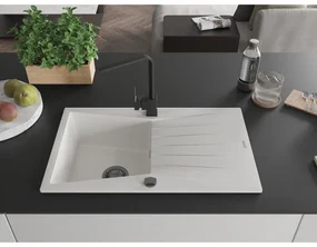 Mexen Cesar, granitový drez 775x470x190 mm, 1-komorový, biela s čiernym sifónom a čierna drezová batéria Rita, 6514-20-670300-70