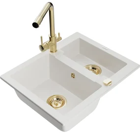 Mexen Carlos, 1,5-komorový granitový drez 582x475x177 mm a drezová batéria Duero, biela, 6518-20-671600-50