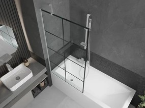 Mexen Next, vaňová zástena 1-krídlová 90 x 150 cm, fixné krídlo, 6 mm číre sklo s čiernym vzorom, biely profil, 895-090-000-00-77-20