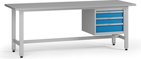 Výškovo nastaviteľný dielenský stôl G5, 2100 x 750 x 800-1000 mm, 1x kontajner, 3 zásuvky, modrá