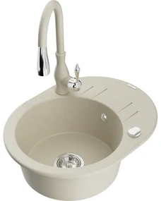 Mexen Kevin, granitový drez 586x458x190 mm, 1-komorový a drezová batéria Savita, béžová, 6517-69-672601-69