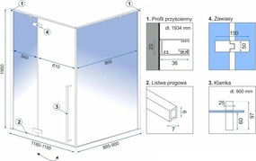 Sprchový kút REA FARGO 90/zástena x 120/dvere cm, zlatý/transparent - bez vaničky