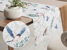 Biante Bavlnený behúň na stôl Sandra SA-471 Lastovičky s motýlikmi na svetlo sivom ornamente 45x140 cm