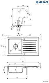 Deante Zorba, granitový drez 760x440x160 mm Z/O, 3,5" + priestorovo úsporný sifón, 1-komorový + Milin batéria, antracitová metalíza, ZQZVT113