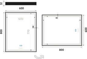 Nimco Čierne LED zrkadlo 600x800 s dvoma dotykovými senzormi - ZPC 13002VX-90