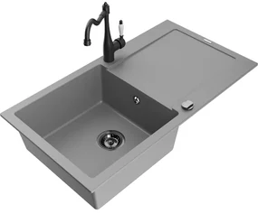 Mexen Leo, granitový drez 900x500x190 mm, 1-komorový a drezová batéria Carla, šedá, 6501-71-670700-70-B