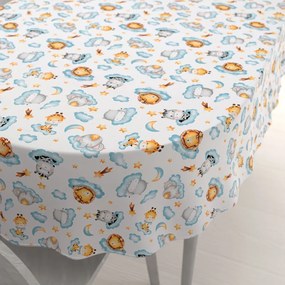 Biante Detský bavlnený oválny obrus Sandra SA-693 Africké zvieratká na modrých obláčikoch na bielom 60x100 cm