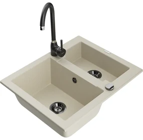 Mexen Carlos, granitový drez 582x475x177 mm, 1,5-komorový a čierna drezová batéria Telma, béžová, 6518-69-670200-70