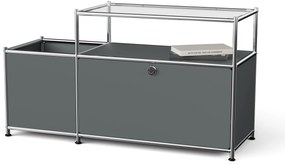 Kovová nízka skrinka »CN3« s výklopným priečinkom a sklenenou doskou, sivá