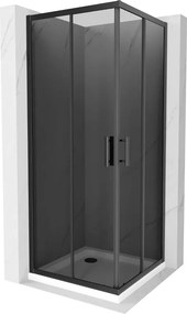 Mexen Rio, štvorcový sprchovací kút s posuvnými dverami 80(dvere) x 80(dvere) x 190 cm, 6mm šedé sklo, čierny profil + biela sprchová vanička SLIM, 860-080-080-70-40-4010B