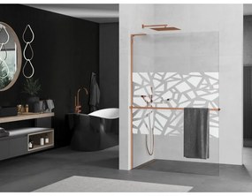 Mexen Kioto+ L, sprchová zástena Walk-In s poličkou a vešiakom 70 x 200 cm, 8mm číre sklo biely vzor, ružové zlato profil, 800-070-123-60-85