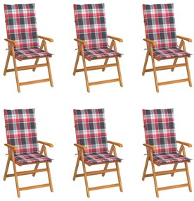 Záhradné stoličky 6 ks s červenými kockovanými podložkami tíkový masív 3065573