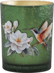 Zelený sklenený svietnik Kolibrík s kvetmi M - Ø 10*13 cm