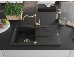 Mexen Cesar, 1-komorový granitový drez 775x470x190 mm a drezová batéria Carla, čierna-strieborná metalíza, 6514-73-670700-50