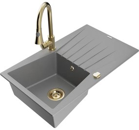 Mexen Cesar, 1-komorový granitový drez 775x470x190 mm a drezová batéria Elia, šedá, 6514-71-670101-50