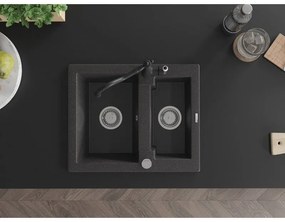 Mexen Carlos, granitový drez 582x475x177 mm, 1,5-komorový a drezová batéria Carla, čierna škvrnitá, 6518-76-670700-70