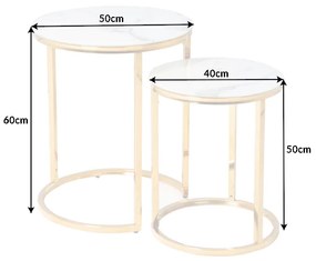 Sada okrúhlych odkladacích stolíkov Latrisha bielo-zlatá - vzor mramor