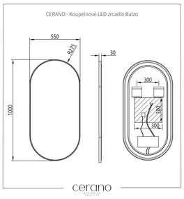 Cerano Balzo, LED kúpeľňové 55x100 cm, kovový rám, čierna matná, CER-CER-NT8144H-55X100