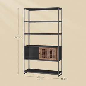 Knižnica, regál so 4 úrovňami, a posuvnými dvierkami, kovový rám, farba orech