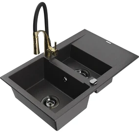 Mexen Gaspar, 1,5-komorový granitový drez 737x475x177 mm a drezová batéria Aster, čierna škvrnitá, 6507-76-73450-57-B