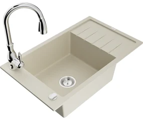 Mexen Elias, 1-komorový granitový drez 795x480x200 mm a drezová batéria Savita, béžová, 6511-69-672601-00