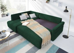 Rohová sedačka na trvalé spanie Island, tmavo zelená látka, ľavý roh