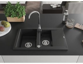 Mexen Gaspar, 1,5-komorový granitový drez s odkvapkávačom 74x48 cm a kuchynskou batériou Telma, čierna, 6507-77-670200-00