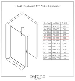 CERANO - Sprchová zástena Walk-in Onyx Top L/P - guľatá vzpera - zlatá kartáčovaná, ryhované sklo - 90x200 cm, CER-CER-8050BD1604
