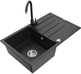 Mexen Bruno, 1-komorový granitový drez s odkvapkávačom 80x50 cm a kuchynskou batériou Telma, čierna-zlatá, 6513-75-670200-70