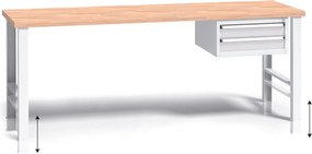 Výškovo nastaviteľný pracovný stôl do dielne G3 so závesným boxom na náradie, buková škárovka, 2 zásuvky, 2000 x 685 x 840 - 1050 mm, sivá