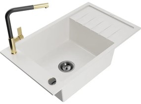 Mexen Elias, 1-komorový granitový drez 795x480x200 mm a drezová batéria Flora, biela, 6511-20-670401-57-B
