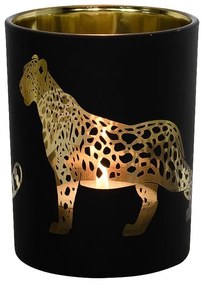 Čierno zlatý sklenený svietnik s jaguárom L - 10 * 10 * 12cm