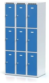 Alfa 3 Šatníková skrinka s úložnými boxami, 9 boxov, 1800 x 900 x 500 mm, otočný zámok, modré dvere