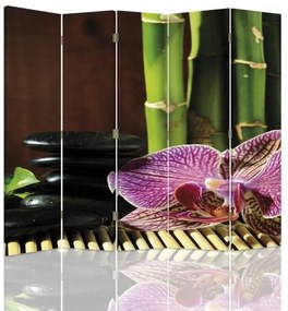 Ozdobný paraván Orchidejové bambusové kameny - 180x170 cm, päťdielny, klasický paraván