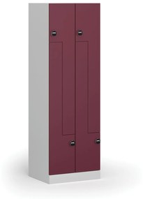 Kovová šatníková skrinka Z, 4 oddiely, 1850 x 600 x 500 mm, zámok s čítačkou RFID kariet, červené dvere