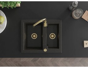 Mexen Carlos, granitový drez 582x475x177 mm, 1,5-komorový a zlatá drezová batéria Telma, čierna - zlatá metalíza, 6518-75-670200-50
