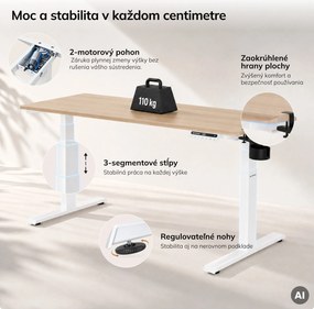 Elektrický stôl s nastaviteľnou výškou ergonomický biely/dub sonoma,1600x800 mm: ARIA